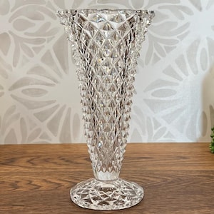 Vintage Diamond Cut Crystal Glass Vase with Pedestal Base