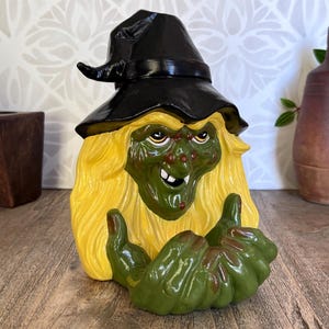 Vintage Hand Painted Witch Figurine, Signed 1985, Green Face Pointy Hat
