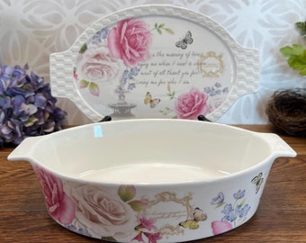 Cacerola de porcelana con diseño floral y tapa, apta para horno y microondas