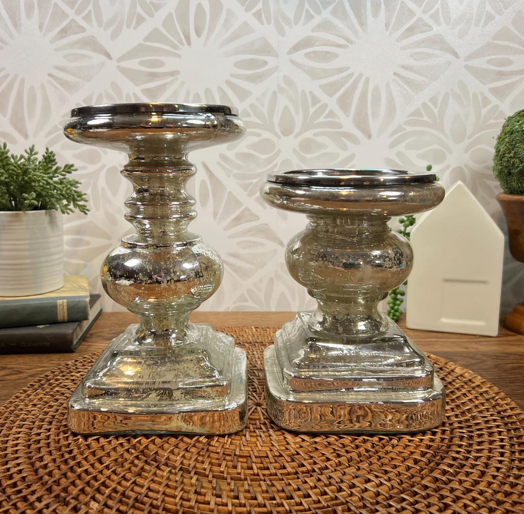Pottery Barn - Silver Mercury Glass Pillar Candle Holders - Set of 2 - Etsy