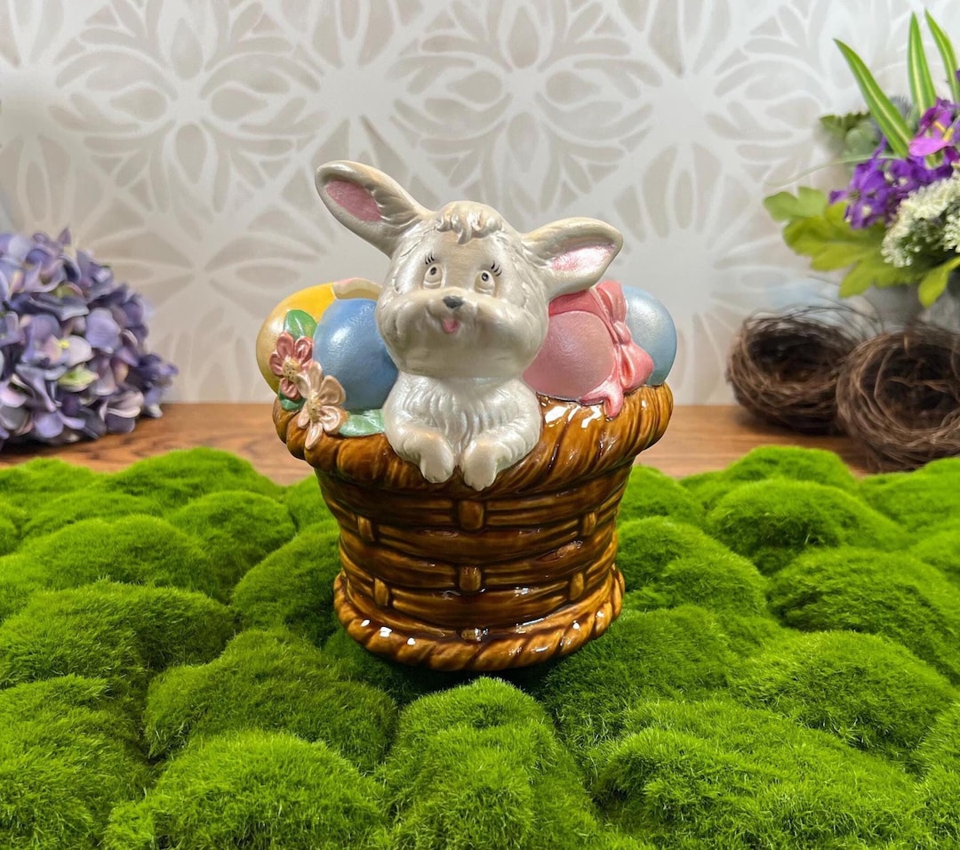 Charming Ceramic Bunny Basket With Pastel Eggs and Floral Accents for ...
