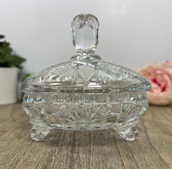 Vintage Crystal Candy Bowl with Lid, Tri-Footed