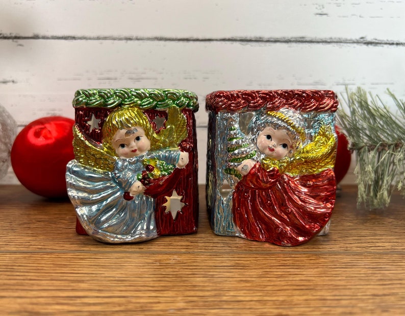 Pair Vintage Ceramic Christmas Angel Tea Light Candle Holders Etsy