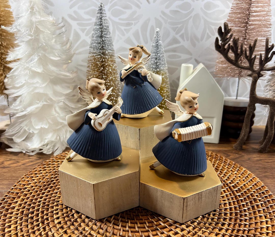 Vintage Shafford Japan Blue Musical Christmas Angel Figurines Set of 3 ...