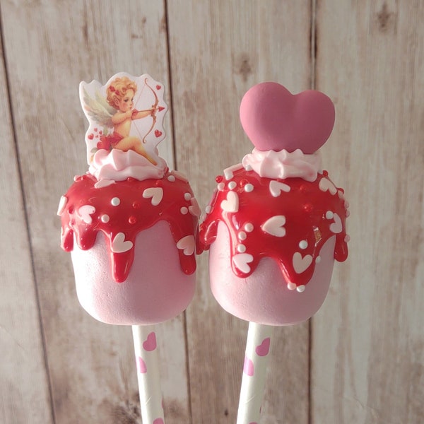 Faux Valentine's Day Marshmallow Pops, Cupid & Red Chocolate Dipped Lollipops, Tiered Tray Decor, Fake Bakes