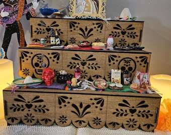 Midi Ofrenda - Day of the Dead Altar – Wooden Ofrenda – Día de los Muertos Memorial – 3 Tier Mexican Altar