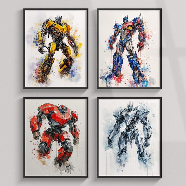 Set of 4 Watercolor Transformers Print, Digital Download, Wall Art Posters Prints, Transformers Poster, Printable For Kids, Boys Room Decor