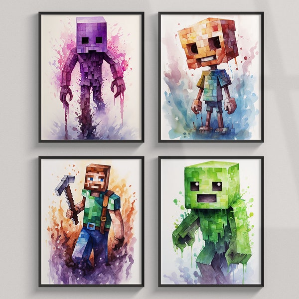 Game Poster Set Minecraft Wall Art, Nursery Decor, Creeper, Enderman, Zombie, Steve, Printable Poster, Prints, Digital Poster, Download