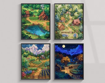 Stardew Valley Prints, 4er Set Aquarell Videospiel Poster zum ausdrucken, Wandkunst, Digitaldruck, Gaming Poster, Pixel Natur, Raumdekor
