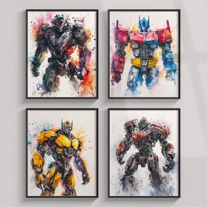 Transformers Prints, Set Of 4 Watercolor Posters, Digital Download, Wall Art Print, Transformer Poster, Printable For Kids, Boys Room Decor
