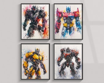 Transformers Prints, Set Of 4 Watercolor Posters, Digital Download, Wall Art Print, Transformer Poster, Printable For Kids, Boys Room Decor