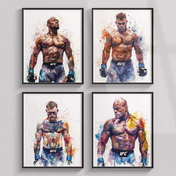 Lot de 4 affiches aquarelles UFC imprimables, Conor McGregor, Jon Jones, Anderson Da Silva, Overeem, art mural, impressions numériques, impression d'affiche MMA