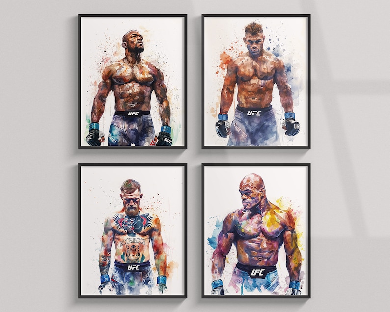 Set Of 4 Watercolor UFC Posters Printable, Conor McGregor, Jon Jones, Anderson Da Silva, Overeem, Wall Art, Digital Prints, MMA Poster Print image 1