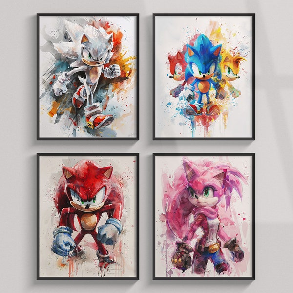 Sonic Hedgehog Prints, Set of 4 Watercolor Posters Printable, Game Poster, Silver, Tails, Knuckles, Wall Art, Kids Room Decor, Digital Print