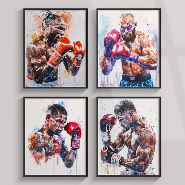 Set Of 4 Watercolor Boxing Posters Printable, Tyson Fury, Lennox Lewis, Anthony Joshua, Gervonta Davis, Wall Art Digital Prints Poster Print