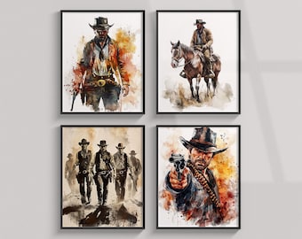 RDR Posters, Read Dead Redemption Watercolor Prints, Set of 4 Western Cowboy Poster Printable, Wall Art, Game Room Decor, Digital Print