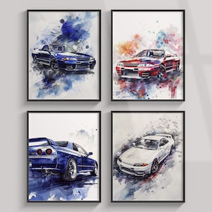 Nissan Skyline GTR 1998 Prints, Set of 4 Watercolor Posters, Sport Car Poster Printable, Wall Art, Room Decor, Digital Print, Fast Furious