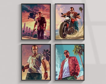 GTA 5 Prints, Grand Theft Auto Poster, Mafia, Video Game Posters Printable, Set Of 4 Images, Wall Art, Room Decor, Digital Print, Vice Sity