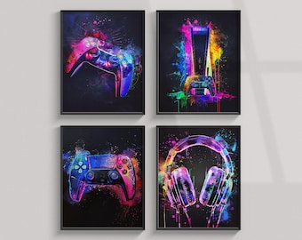 Set of 4 Watercolor Neon Posters, Video Game Poster Printable, Gaming Wall Art, Boys Room Decor, Digital Print, Gamer Prints