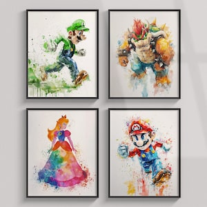 Set of 4 Watercolor Prints Super Mario, Game Posters Printable, Wall Art, Luigi, Princess Peach, Bowser, Kids Room Poster, Digital Print