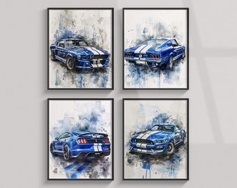 Ford Mustang Shelby Prints, Set of 4 Watercolor Posters, Sport Car Poster Printable, Wall Art, Boys Room Decor, Digital Print, Fast Furious