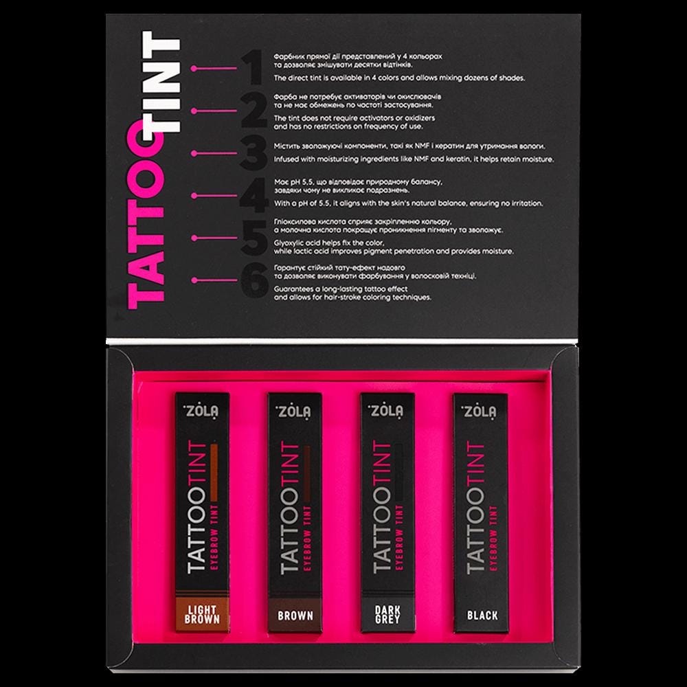ZOLA TATTOO TINT Set 4 Shades: Light Brown, Brown, Dark Grey, and