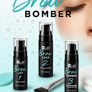May include: Three small bottles of brow care products with black caps and clear bottles. The bottles are labeled "Brow Lift 1", "Brow Lock 2", and "Brow Bomber 3". The bottles are on a light blue background with a brush and a white cloth.