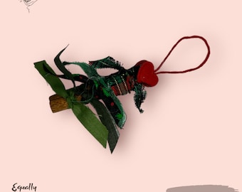 Handcrafted Cinnamon Stick Tree Ornament - Ornaments Cinnamon Stick red heart green and red green plaid