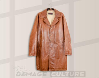 Vintage Leonardo Leather Car Coat | Brown Long Jacket | Size 56 Classic Minimalist