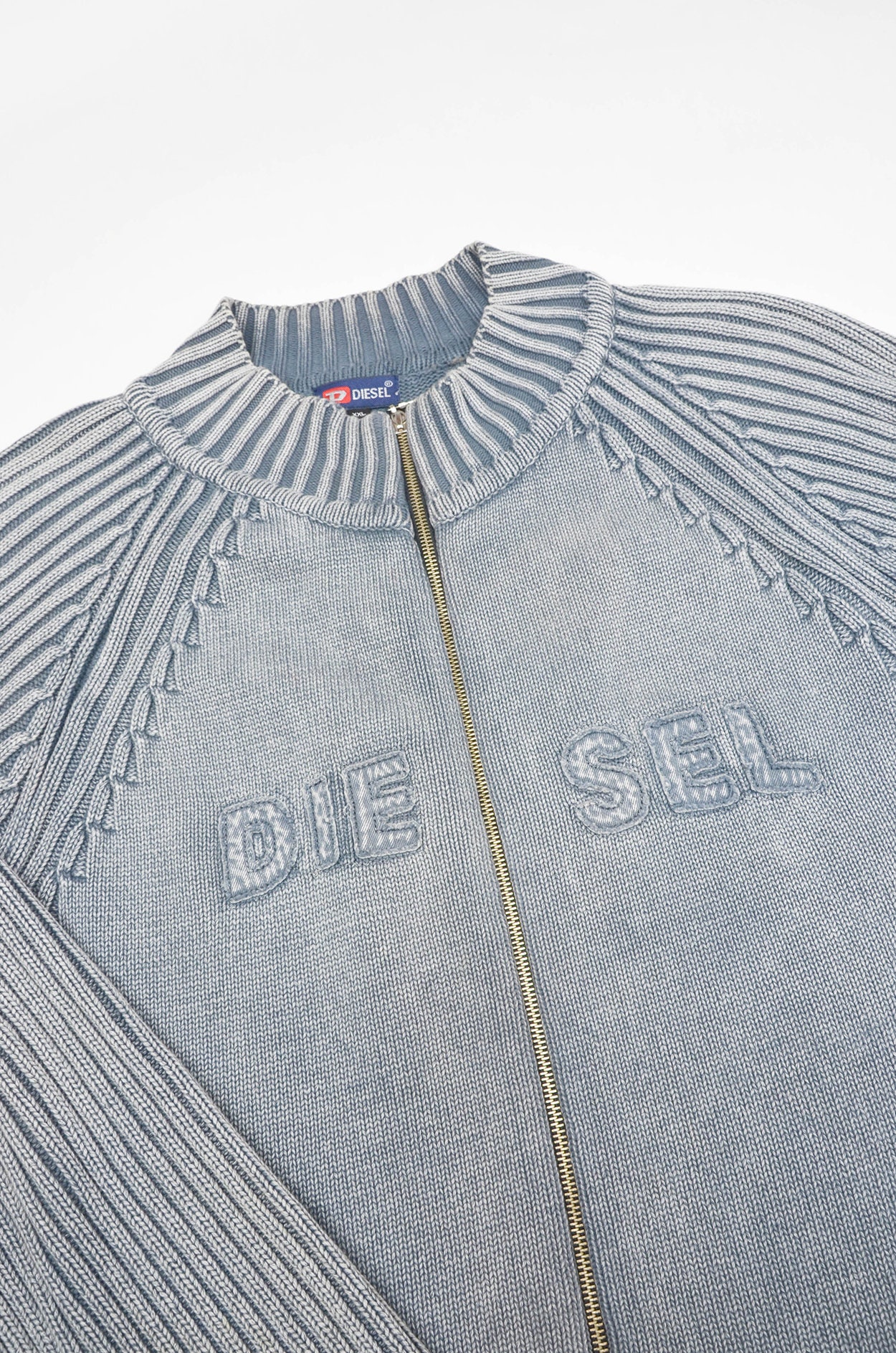 Vintage Diesel Knit Zip Sweater – Light Blue Logo Cardigan – Y2K