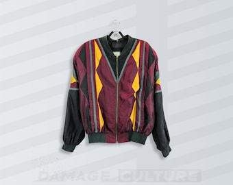 Vintage E.B. Company Silk Bomber Jacket – Burgundy Mustard Charcoal – Size M – Color-Block 80s Style