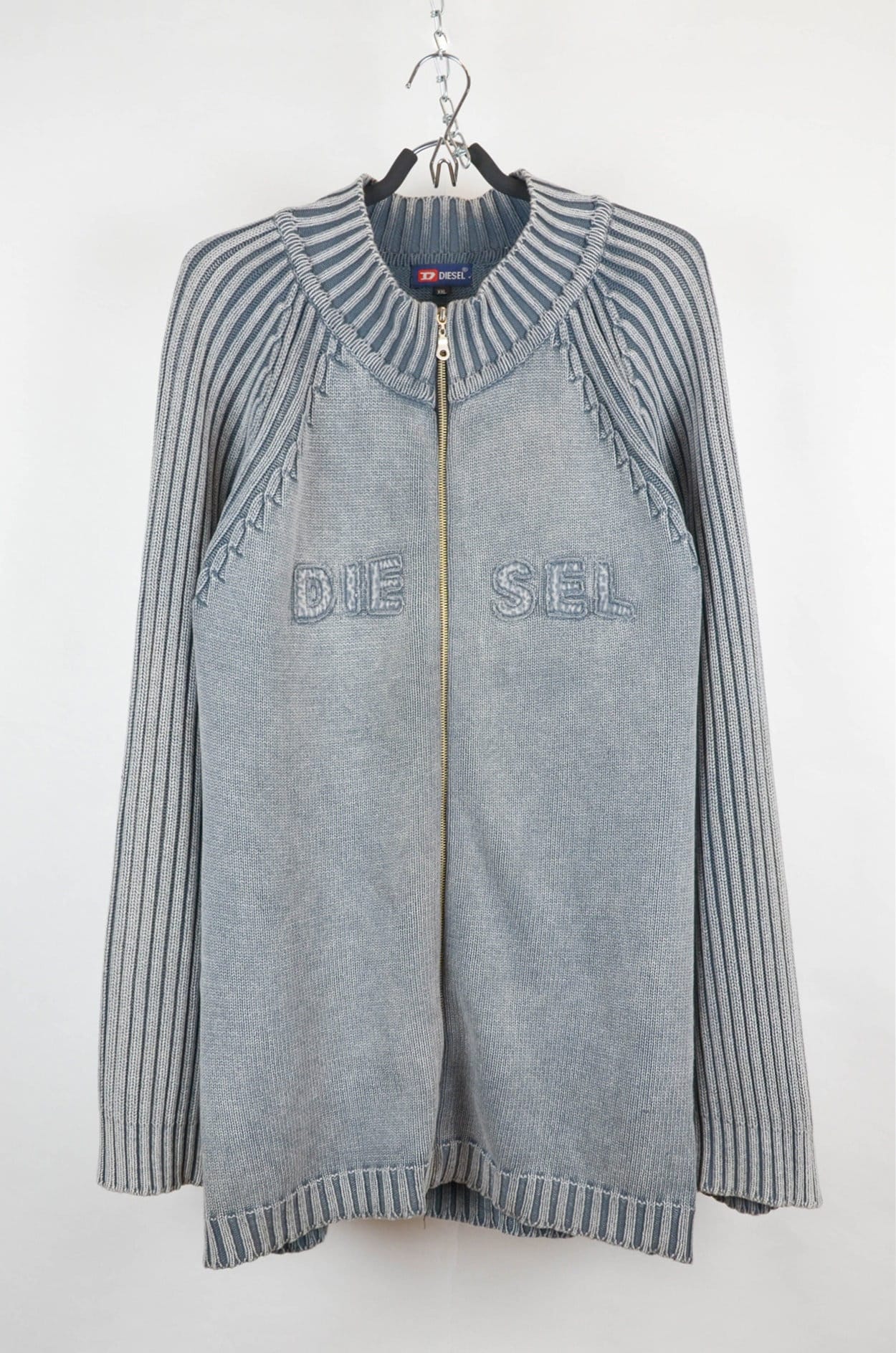 Vintage Diesel Knit Zip Sweater – Light Blue Logo Cardigan – Y2K