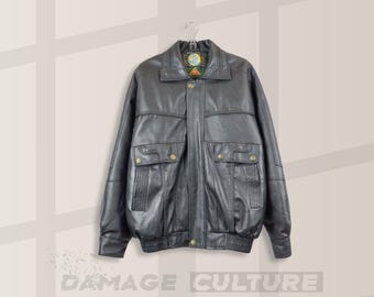 Bomber vintage Gruppo V in ecopelle italiana / Giacca oversize nera 2XL