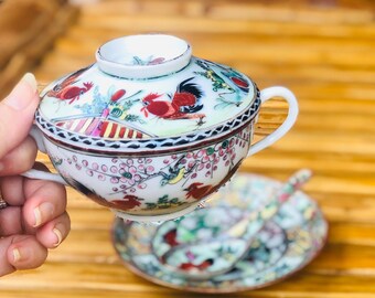 YT Chinese porcelain two handled bowl | vintage Chinese covered dish| rooster pattern