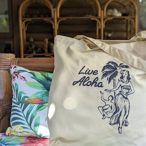 Live Aloha Tote Bag - Vintage Tiki Girl Canvas Bag - Retro Hawaii Aesthetic Beach Bag - 1950s Style Hula Design - Hawaiian Gift Idea
