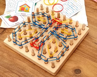 Wooden Montessori Geoboard with Rubbers, 8x8 Educational Activity Board For Children, Toddler Peg Geometric Shape Sensory Game.