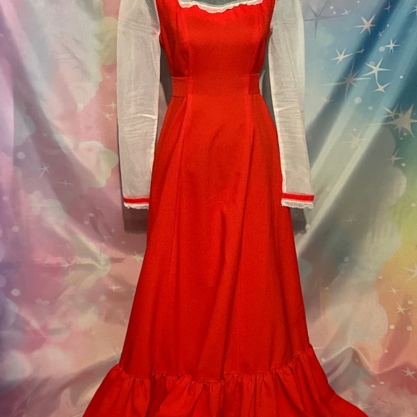 red 70s dress size s/m vintage prom cosplay, the girls  that threw pigs blood on Carrie  at the prom vintage retro formal church prairie