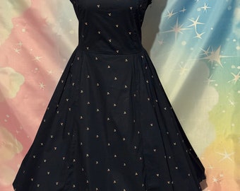 mod cloth 50s type swing dress with latticed back navy blue with tiny cherry pattern