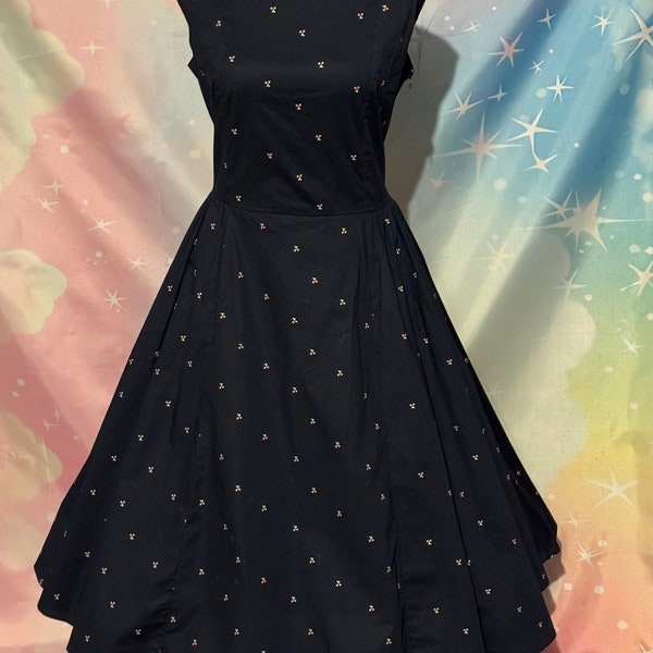 mod cloth 50s type swing dress with latticed back navy blue with tiny cherry pattern
