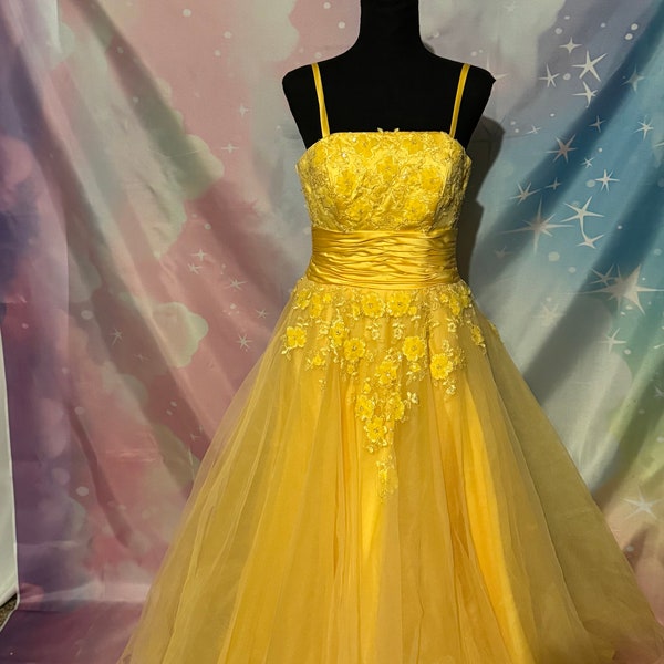 Camielle La Vie yellow ball gown princess Belle dress size two corseted back exquisite sequined and beading detail