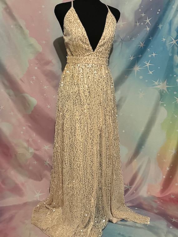 sequined Barbiecore deep V champagne colored long 