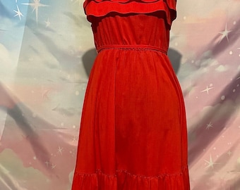 Red ruffle top spaghetti strap sundress mid calf and ready for a resort beach vacation or music festival and date night