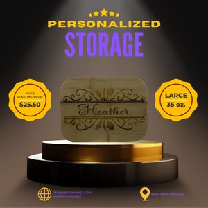May include: Personalized wooden storage container with a decorative design and the name "Heather" engraved on it. The container is 35 ounces and is available in a large size.