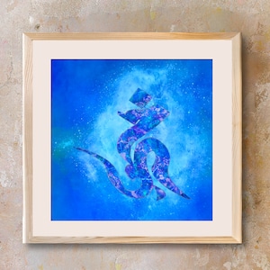 May include: A framed print of a blue and purple abstract design on a blue background. The design is reminiscent of a stylised letter or symbol.