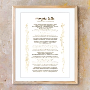 May include: A printable wall art print with a gold background and a poem titled "Mangala Sutta: The Buddha's Words on the Highest Blessings". The poem is written in a decorative font and includes verses about living a virtuous life, offering help to others, and practicing restraint.