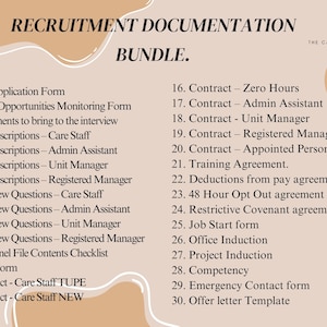 May include: A recruitment documentation bundle featuring 30 items, such as job application forms, interview questions, and contracts. The text is black on a beige background, with "The Care Collective" logo in the top right corner. Includes a Microsoft Word icon.