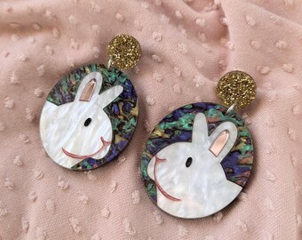 Impressionist bunny dangle earrings // pearl + shell acrylic with titanium posts