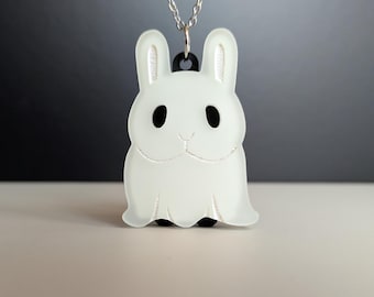 Glow-in-the-dark ghost bunny pendant necklace // glow + matte acrylic with stainless steel chain