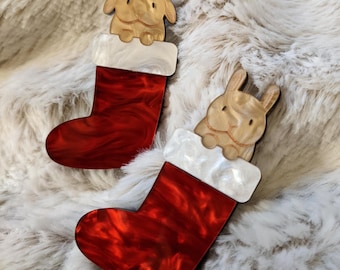 Bunny stocking brooch // pearl acrylic