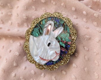 Impressionist bunny brooch // pearl + shell acrylic